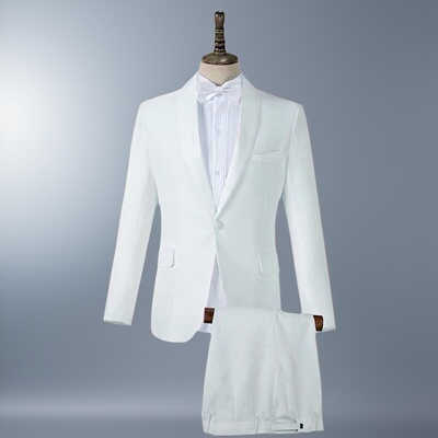 纯白色主持人男士舞台演出服西装音乐生艺考礼服男青果领西服套装