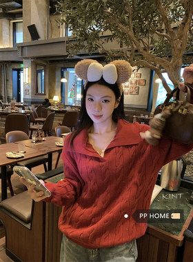 日本offcat新年氛围红色翻领麻花纹长袖毛衣女秋冬宽松显瘦针织衫