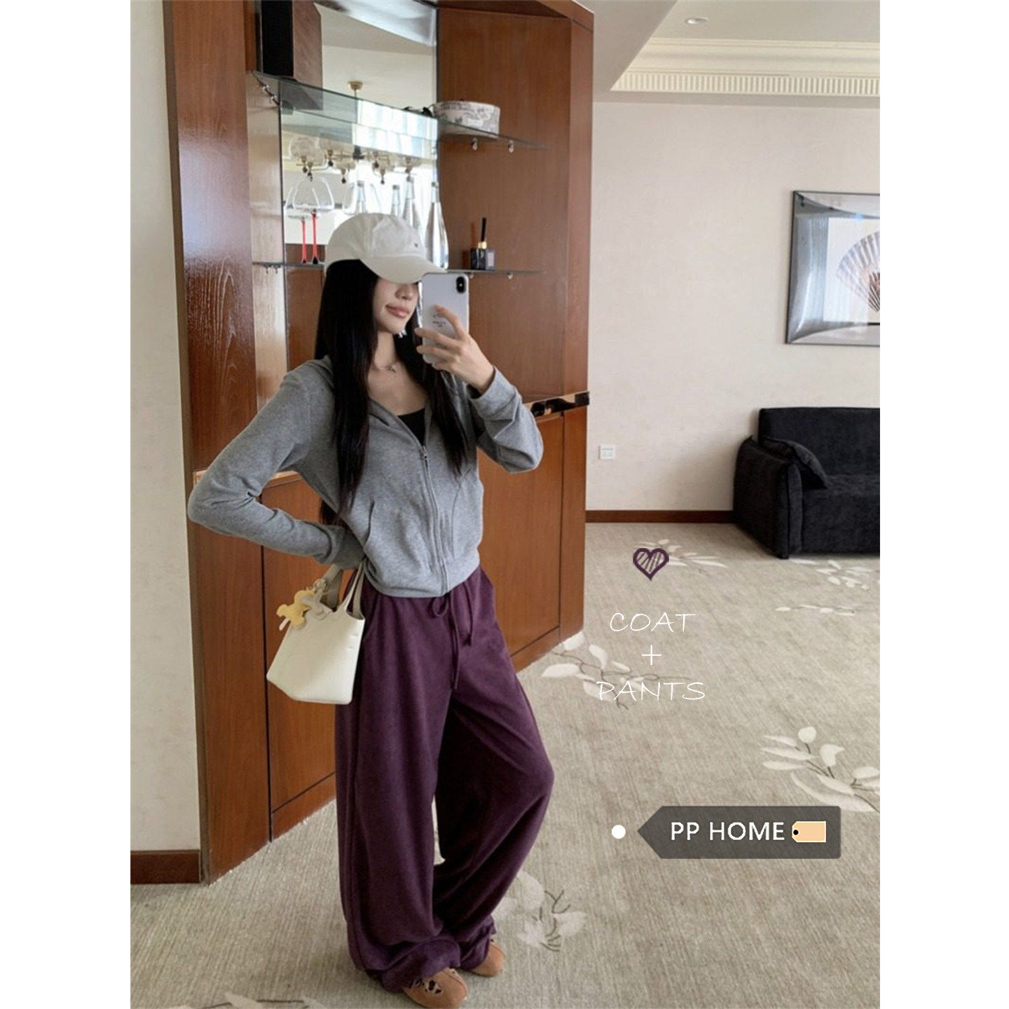 日本offcat休闲套装灰色连帽拉链卫衣外套女秋冬宽松垂感高个子阔