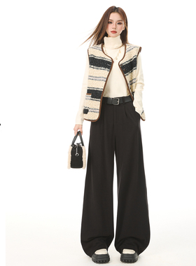 日本offcat高级感黑色毛呢阔腿休闲裤女秋冬新款加厚高腰通勤垂感