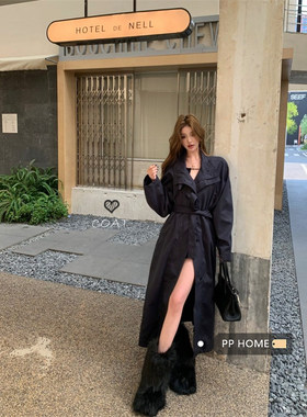 日本offcat复古英伦风蓝色中长款翻领风衣外套女秋冬收腰系带气质