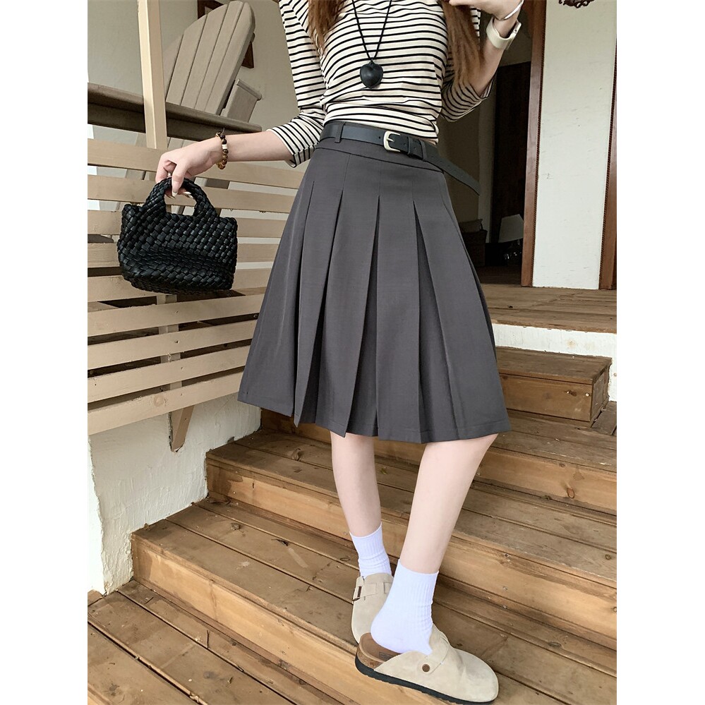 日本offcat复古高级感灰色高腰西装半身裙女春季时尚百搭减龄百褶