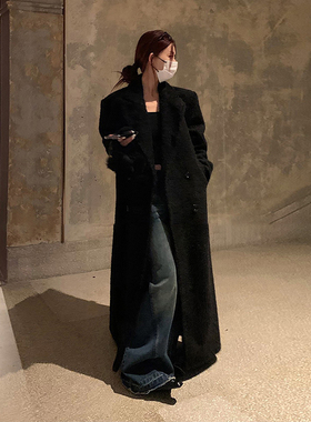 日本offcat高级感黑色呢子大衣女2024冬季新款加厚中长款韩系毛呢