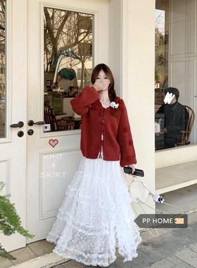 日本offcat设计感红色立体花朵毛衣外套女秋冬蕾丝花边半身裙两件