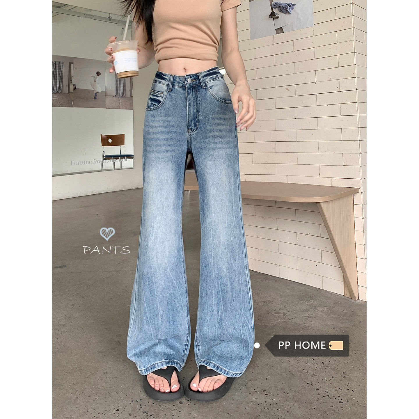 日本offcat浅蓝色水洗做旧高腰不贴腿微喇牛仔裤女秋冬高个子阔腿