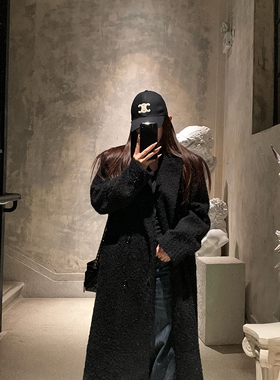 日本offcat高级感黑色呢子大衣女2024冬季加厚中长款宽松慵懒风韩