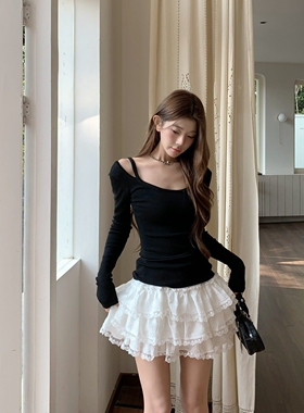 日本offcatPPHOME白色U领露肩长袖针织衫上衣女春季修身显瘦减龄