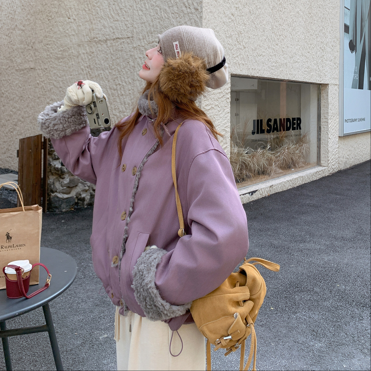 日本offcat毛绒拼接派克羽绒服女2025冬季新款巨好看的紫色90白鸭