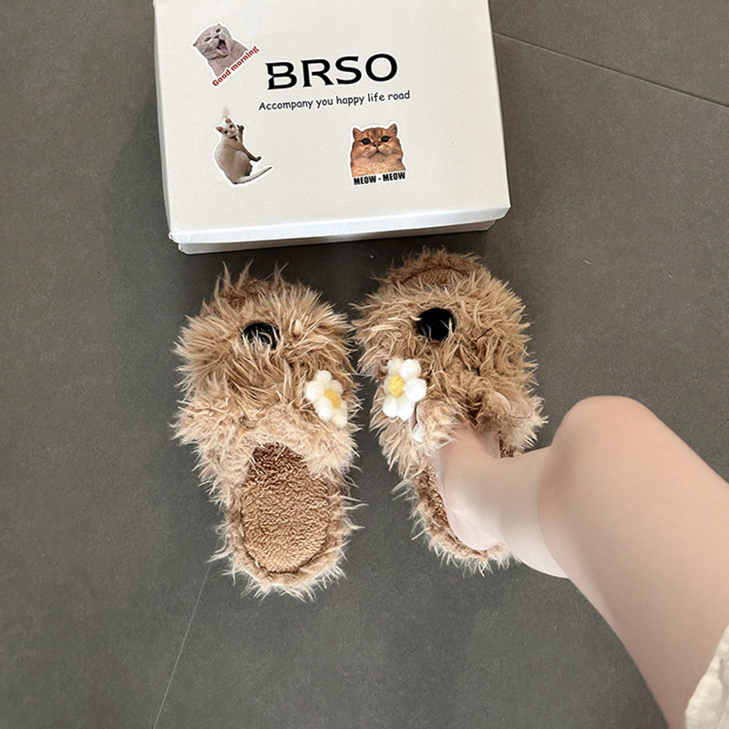 日本offcat可爱甜美卡通毛绒绒花朵棉拖鞋女2025秋冬新款家居外穿