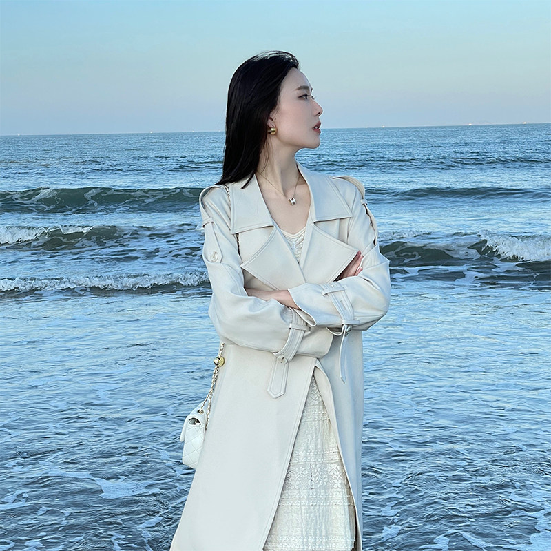 日本offcat白色风衣外套女2025春秋新款小个子气质中长款垂感大衣