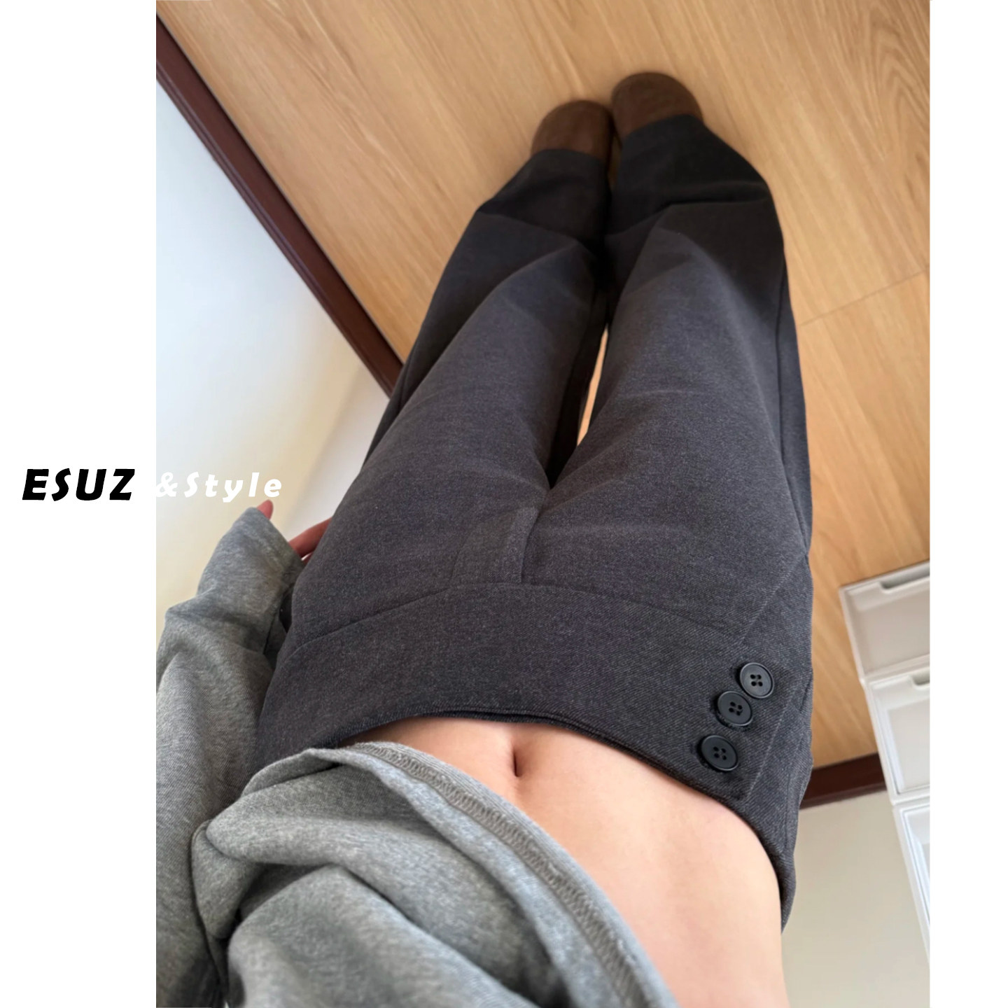 日本offcat深灰色毛呢休闲裤女加厚秋冬款韩系慵懒风宽松垂感拖地