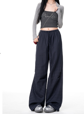 日本offcat复古蓝色格纹阔腿休闲裤女秋冬新款美式运动慵懒松弛感