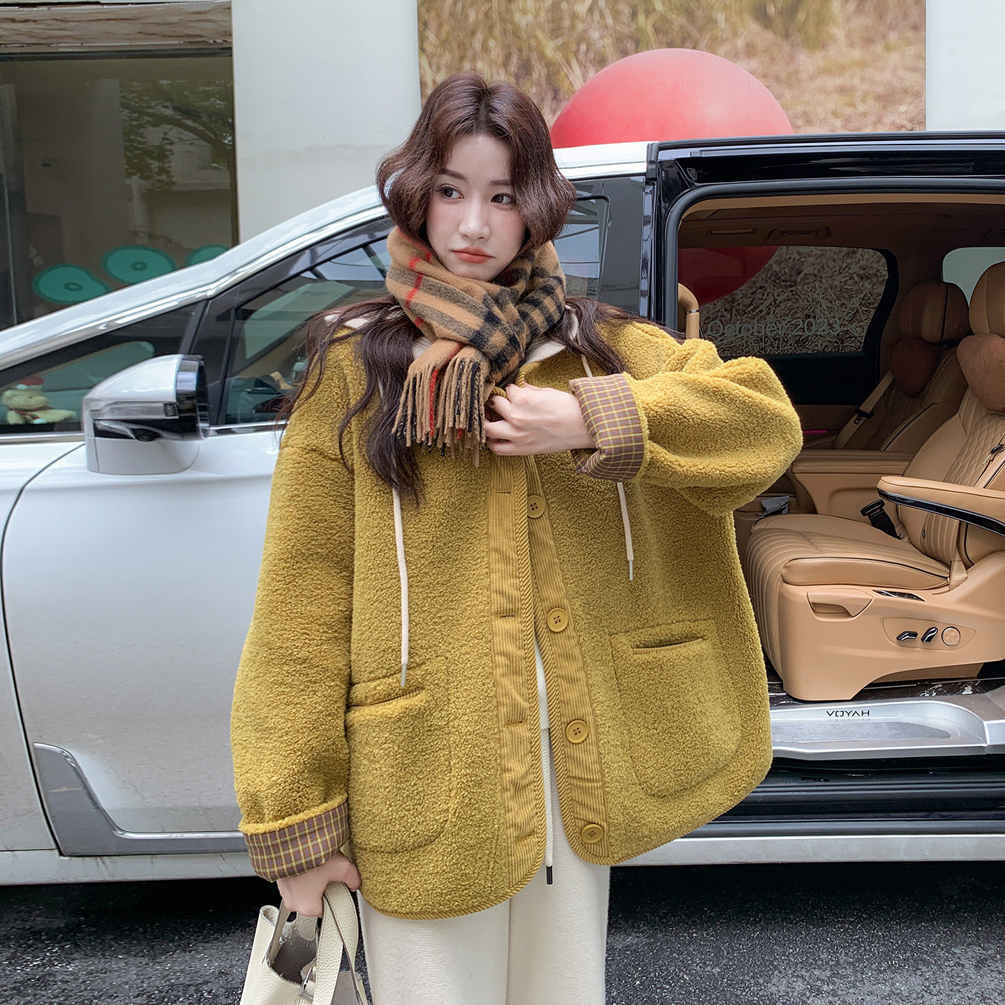 日本offcat芥末黄羊羔毛棉服外套女2025冬季新款超好看洋气别致格