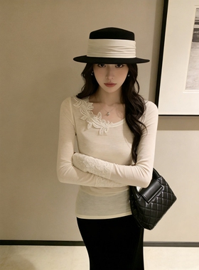 日本offcat气质套装白色蕾丝花朵拼接上衣女秋冬高腰鱼尾宽松型