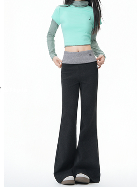 日本offcat麻灰色拼接撞色微喇叭裤女加绒秋冬新款修身显瘦高腰休