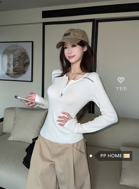 日本offcat休闲百搭白色圆领半拉链长袖上衣女秋冬修身显瘦内搭打