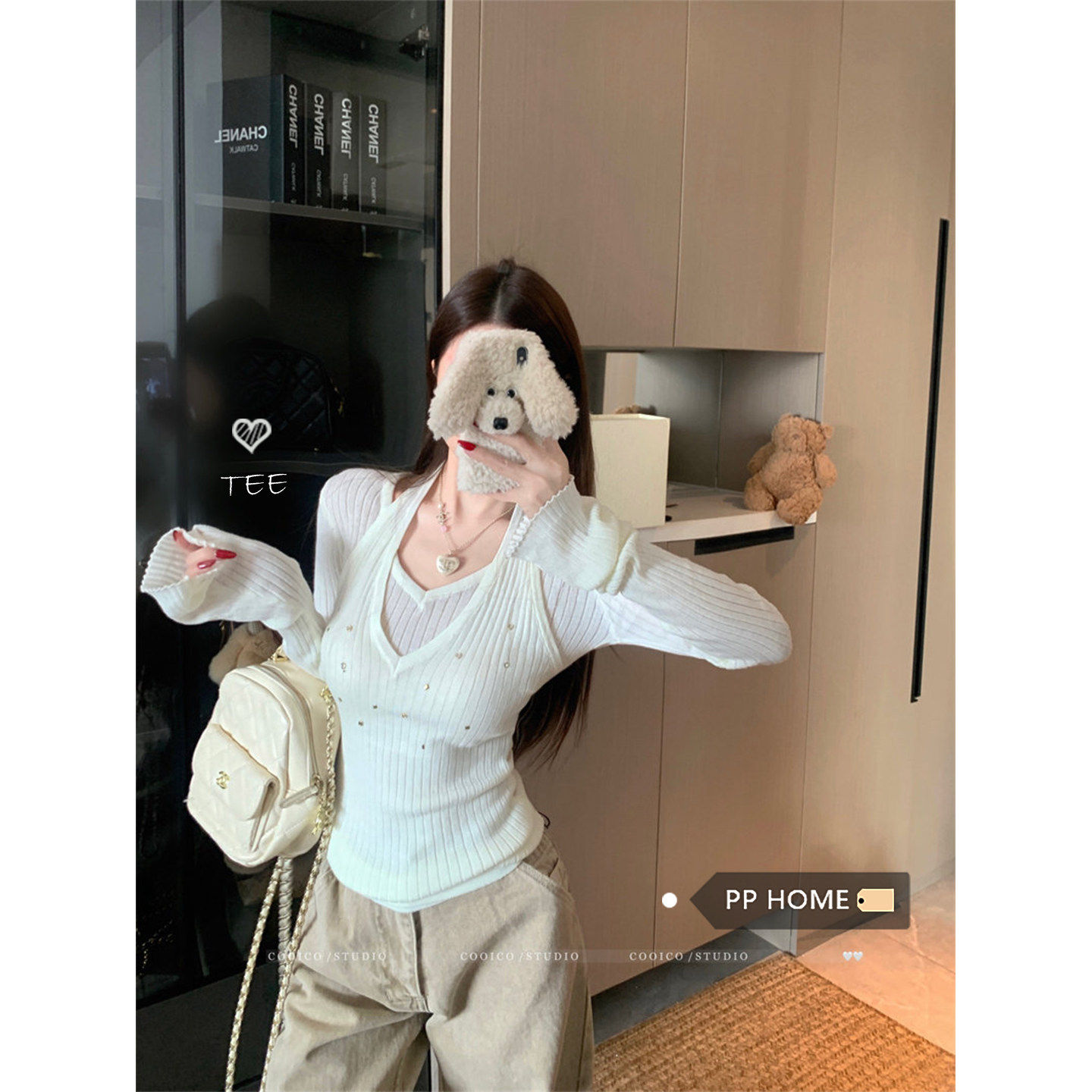 日本offcat白色假两件细闪挂脖针织衫上衣女秋冬修身显瘦可外穿毛