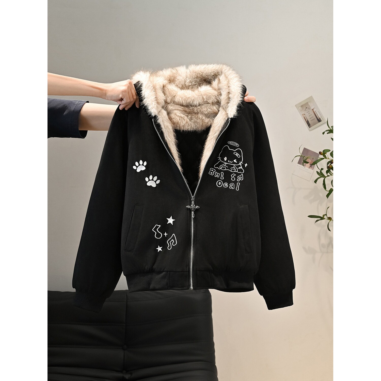 日本offcat韩系设计感小众麂皮绒棉衣棉服女秋冬宽松慵懒风毛绒连
