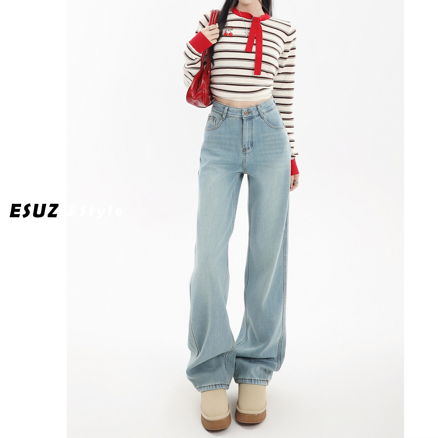 日本offcat加绒加厚浅色阔腿牛仔裤女秋冬新款高腰窄版小个子显瘦