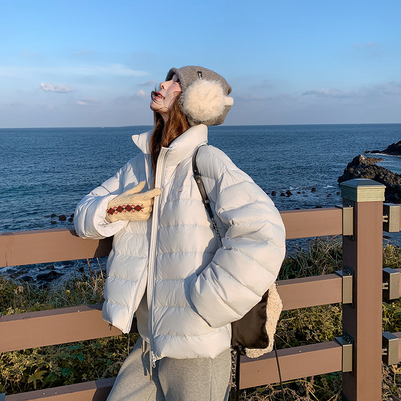 日本offcat小个子短款减龄排骨羽绒服女2025冬新款学院风蓝色面包