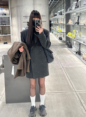 日本offcat灰色短款西装呢子大衣女2024冬季新款高级感小个子韩系