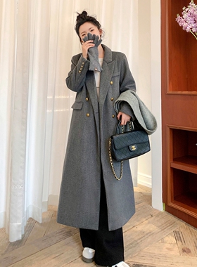 日本offcat灰色呢子大衣女2024冬季新款高级感正肩中长款毛呢外套