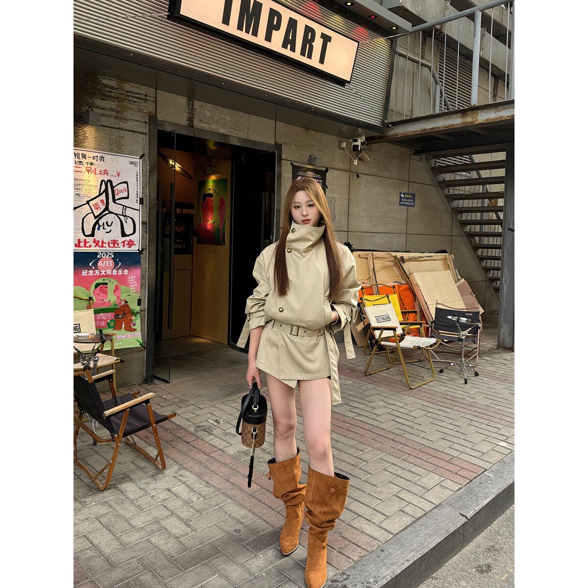 日本offcat卡其色短款立领风衣外套女2025春秋新款设计感慵懒风收