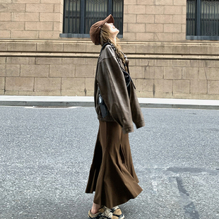 日本offcat美拉德棕色皮衣女2024早秋新款做旧美式复古夹克短外套