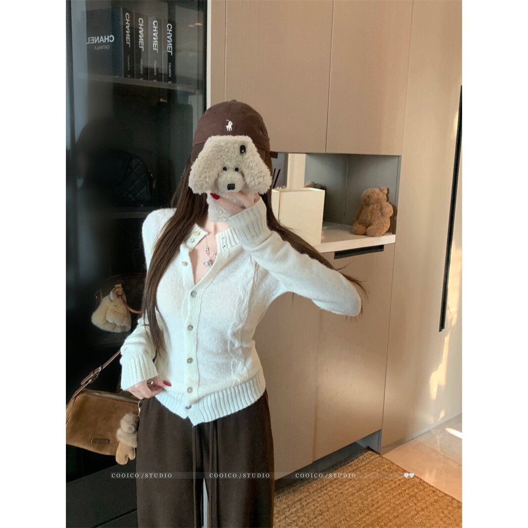 日本offcat韩系气质穿开扣立领麻花毛衣女秋冬百搭修身显瘦针织衫
