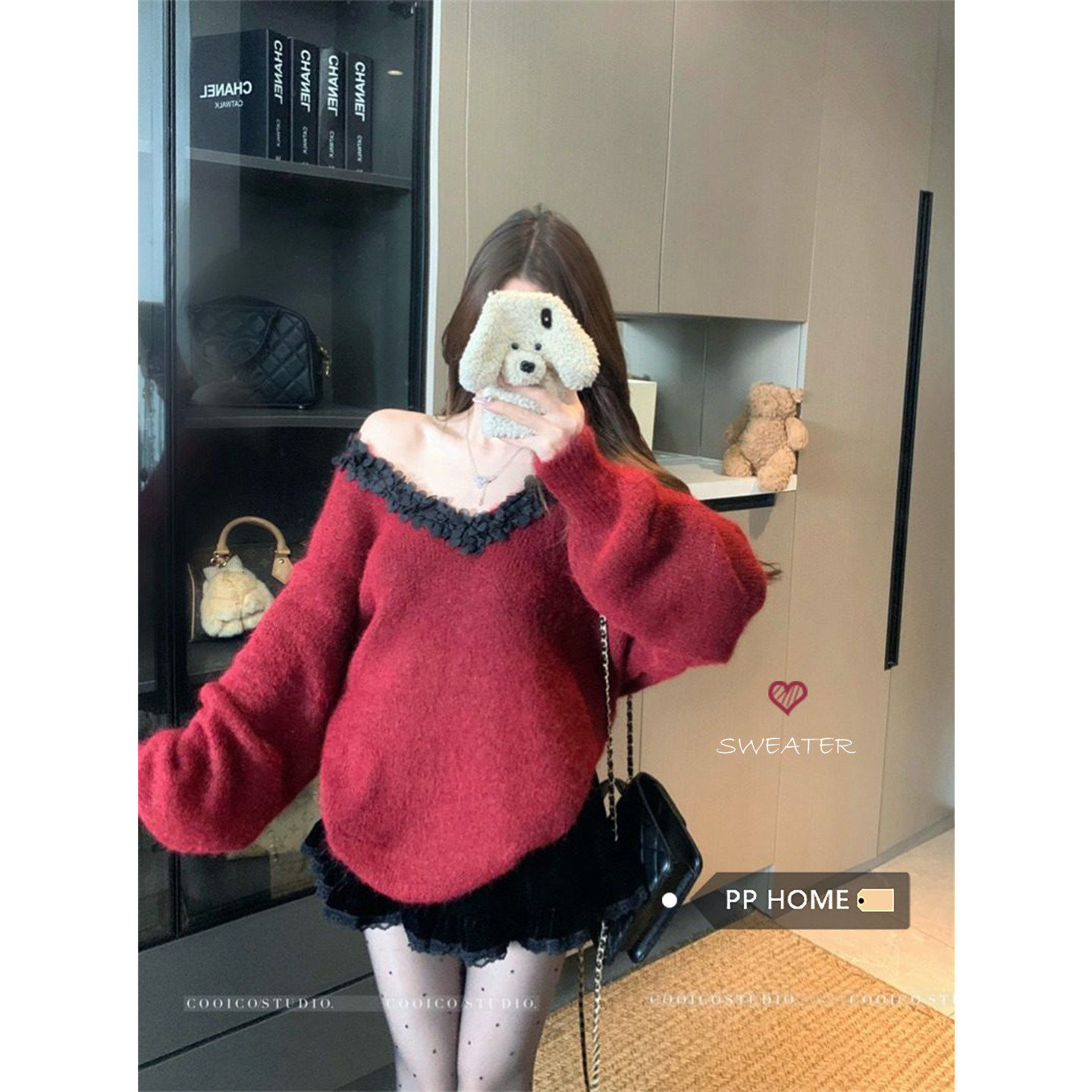日本offcat红色V领花边长袖毛衣女秋冬纯欲后背蝴蝶结系带针织衫