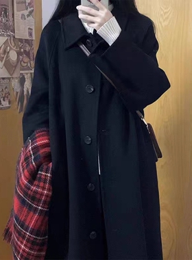 日本offcat长款黑色呢子大衣女2024秋冬季新款韩系小个子高级感加