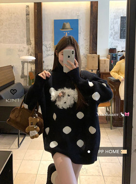 日本offcat慵懒风黑色波点小狗高领毛衣女秋冬宽松保暖套头针织衫