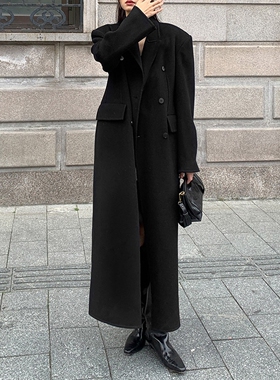 日本offcat黑色毛呢外套女2024冬季新款加厚宽松双排扣高级感赫本