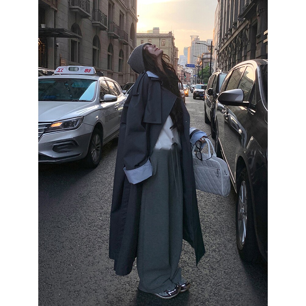 日本offcat高级感灰色风衣外套女2025秋季新款中长款假两件撞色拼