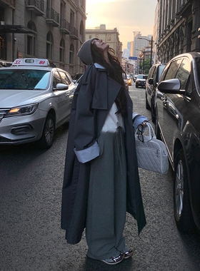 日本offcat高级感灰色风衣外套女2025秋季新款中长款假两件撞色拼