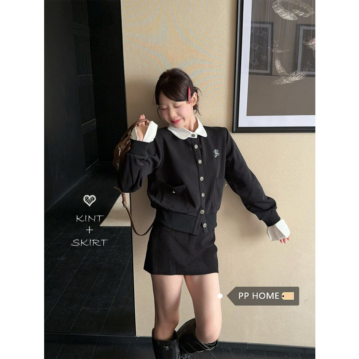 日本offcat气质黑色撞色翻领卫衣外套女秋冬日常优雅风短外套