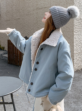 日本offcat皮毛一体羊羔毛棉服外套女2025冬季新款小个子短款蓝色