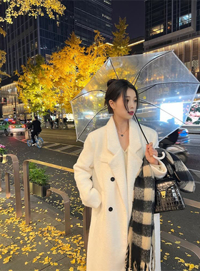 日本offcat白色毛呢外套女2024冬季新款加厚中长款双排扣仿貂绒呢