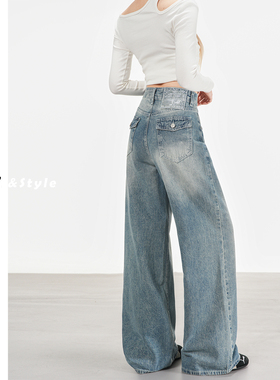 日本offcat水洗浅蓝色阔腿牛仔裤女2025秋冬新款高腰显瘦垂感拖地