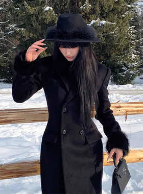 日本offcat黑色显瘦毛呢外套2024冬季中长款收腰可拆卸毛毛呢子大