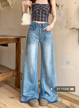 日本offcat辣妹风蓝色水洗微喇牛仔裤女秋冬高腰显瘦垂感高个子阔