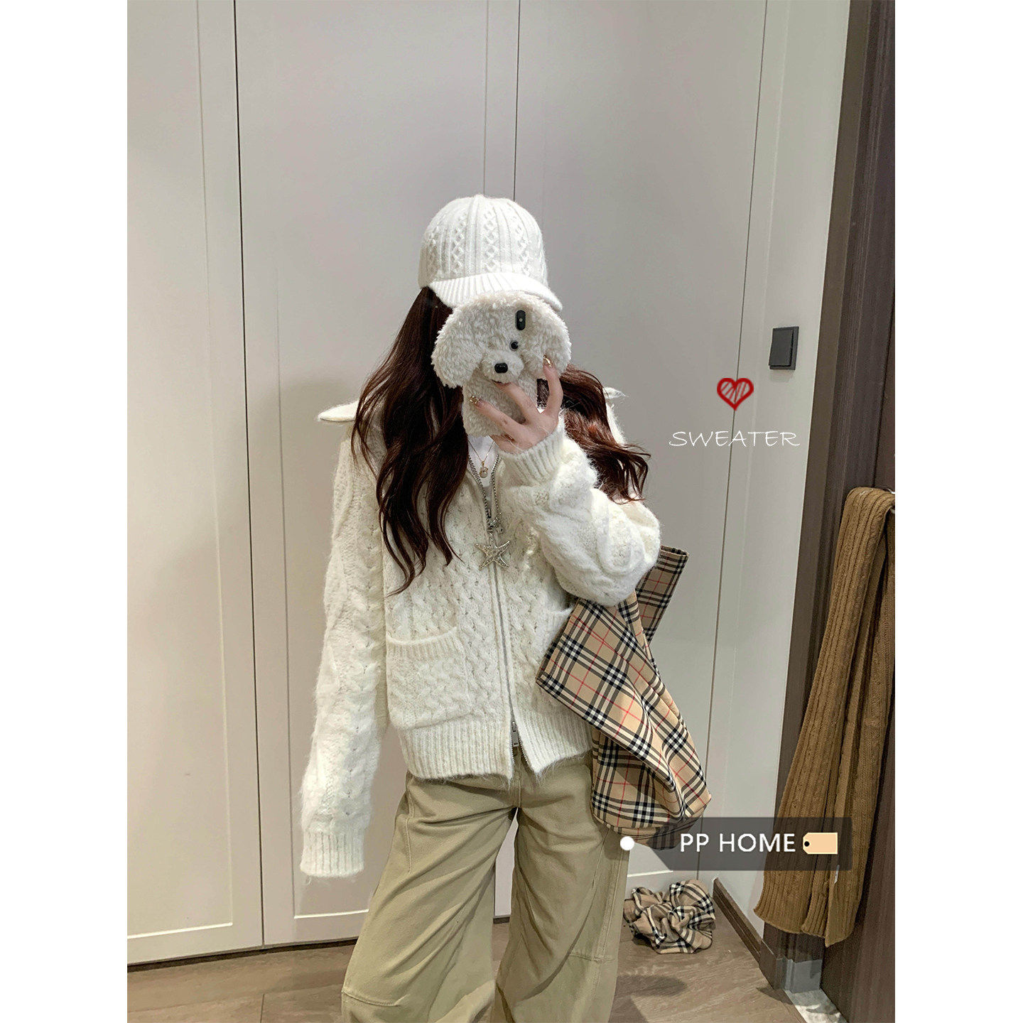 日本offcat极简风白色翻领双拉链麻花毛衣外套女秋冬设计双口袋针