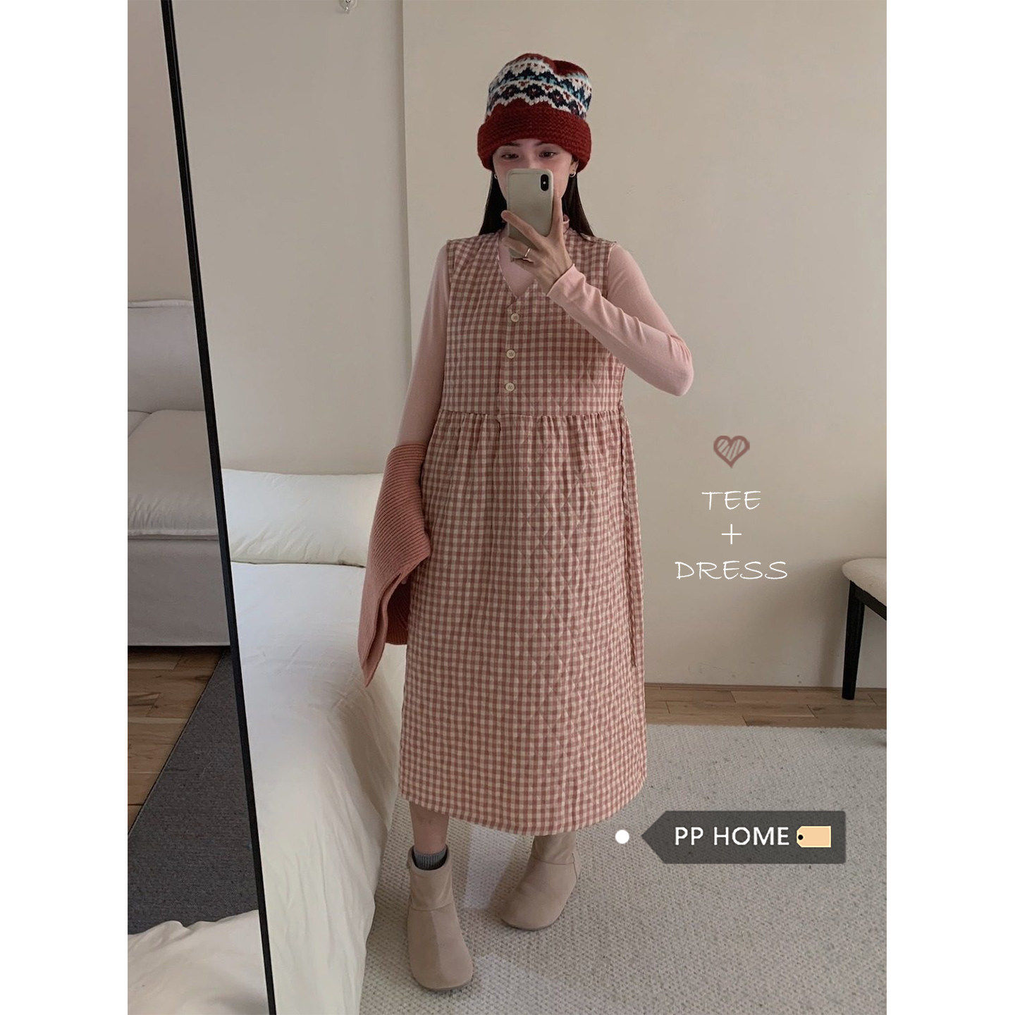 日本offcat甜美减龄粉色加棉加厚保暖格纹背心裙女秋冬宽松显瘦连