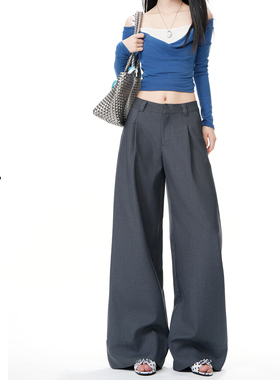 日本offcat灰色褶皱西装裤女早春季新款显瘦垂坠感宽松百搭休闲阔