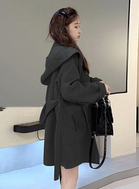 日本offcat灰色短款双面羊毛呢子大衣女2024冬季小个子宽松系带连