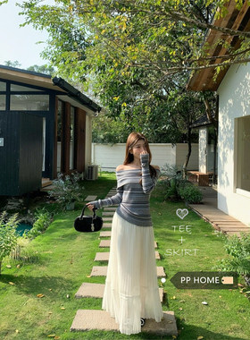 日本offcat气质套装灰色条纹露肩套头毛衣女秋冬高腰百褶半身裙伞