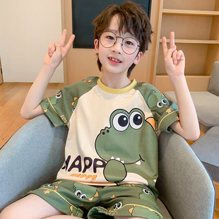 男童睡衣夏款2025新款纯棉薄款短袖恐龙小男孩儿童家居服套装夏天