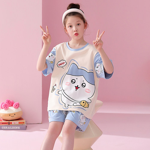 儿童睡衣女孩夏季纯棉薄款短袖