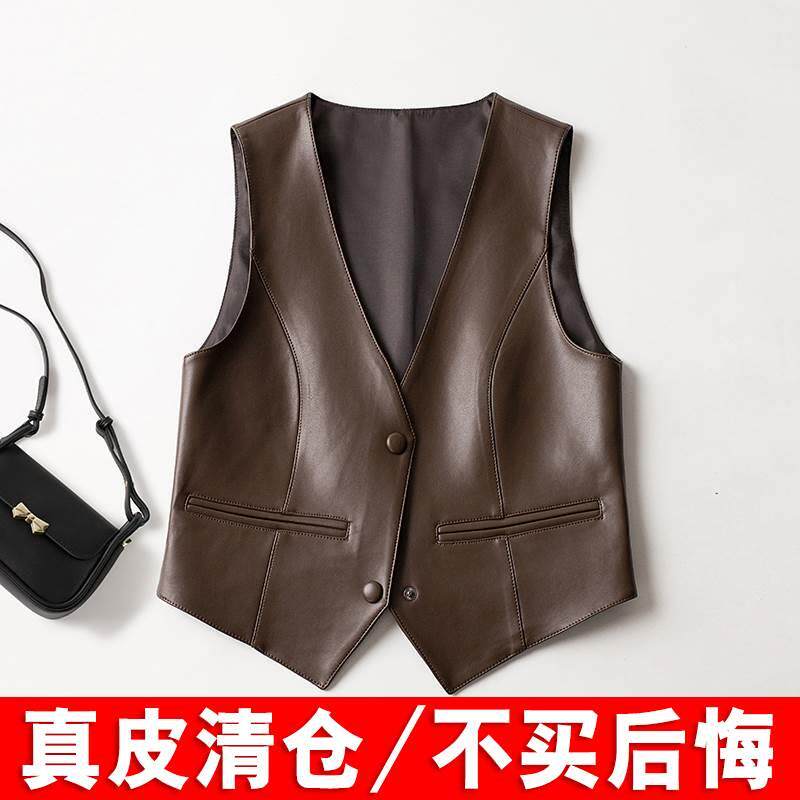 真皮马夹女2024春秋新款小个子短款无袖坎肩外套绵羊皮马甲背心潮,女装/女士精品,背心吊带,淘宝优惠券,粉丝福利购,淘宝优惠卷