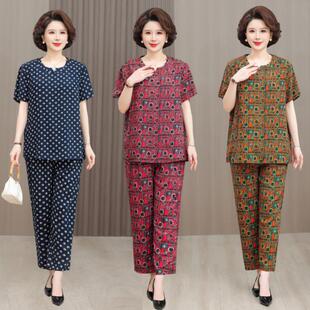 宽松短袖 韩版 棉绸两件套女时尚 印花九分裤 中年胖妈妈夏装 套装 新款